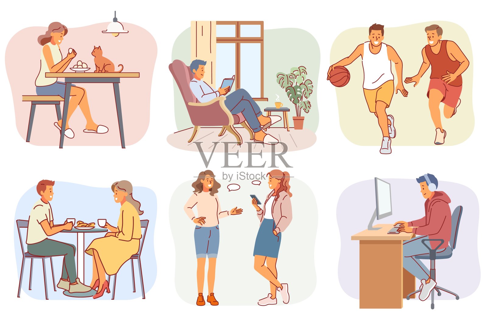 性格内向和外向的人：人们做自己喜欢的事情，亲近，社交，疏远，外向，内向，卡通扁平风格孤立矢量集插画图片素材