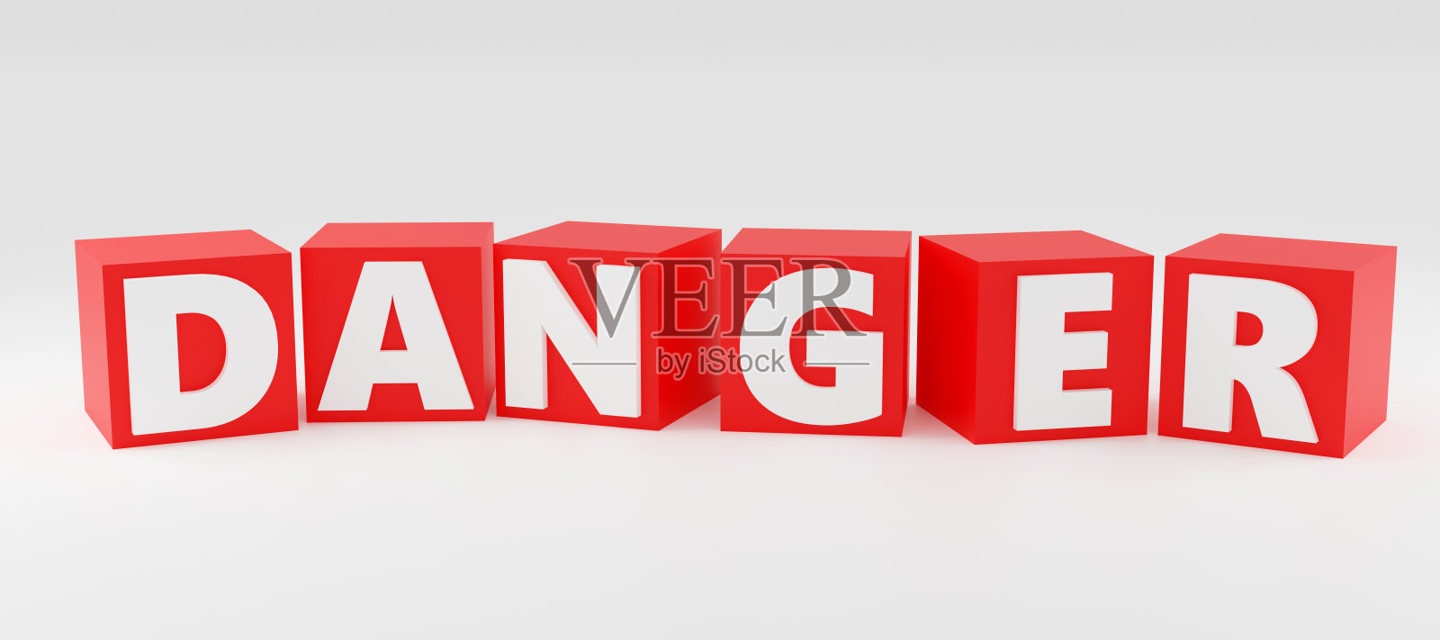 在红色立方体和浅色背景上3d渲染危险标志。简单的极简主义概念。照片摄影图片