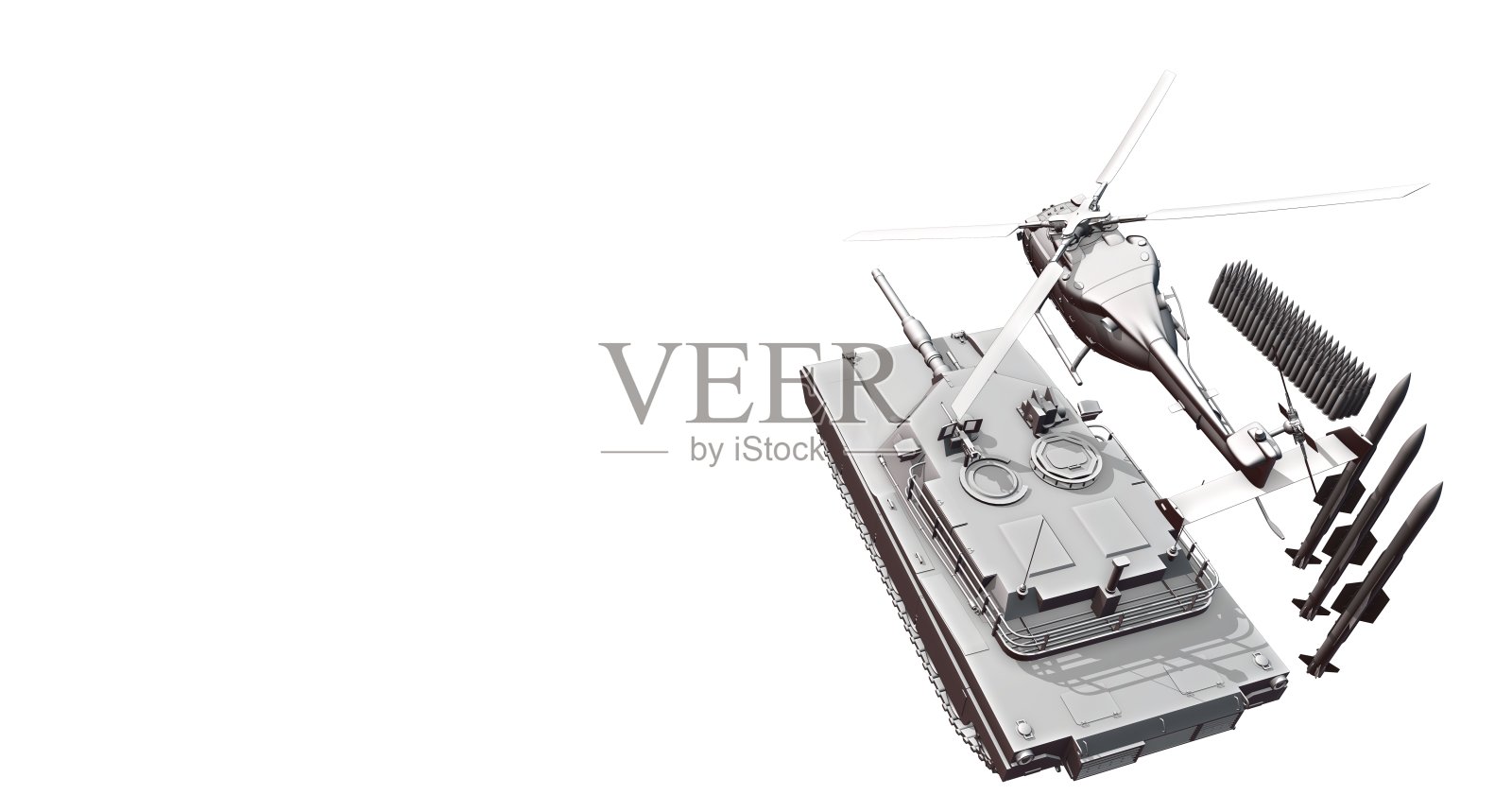 军事装备和弹药，坦克，直升机和导弹，黑白3d插图照片摄影图片