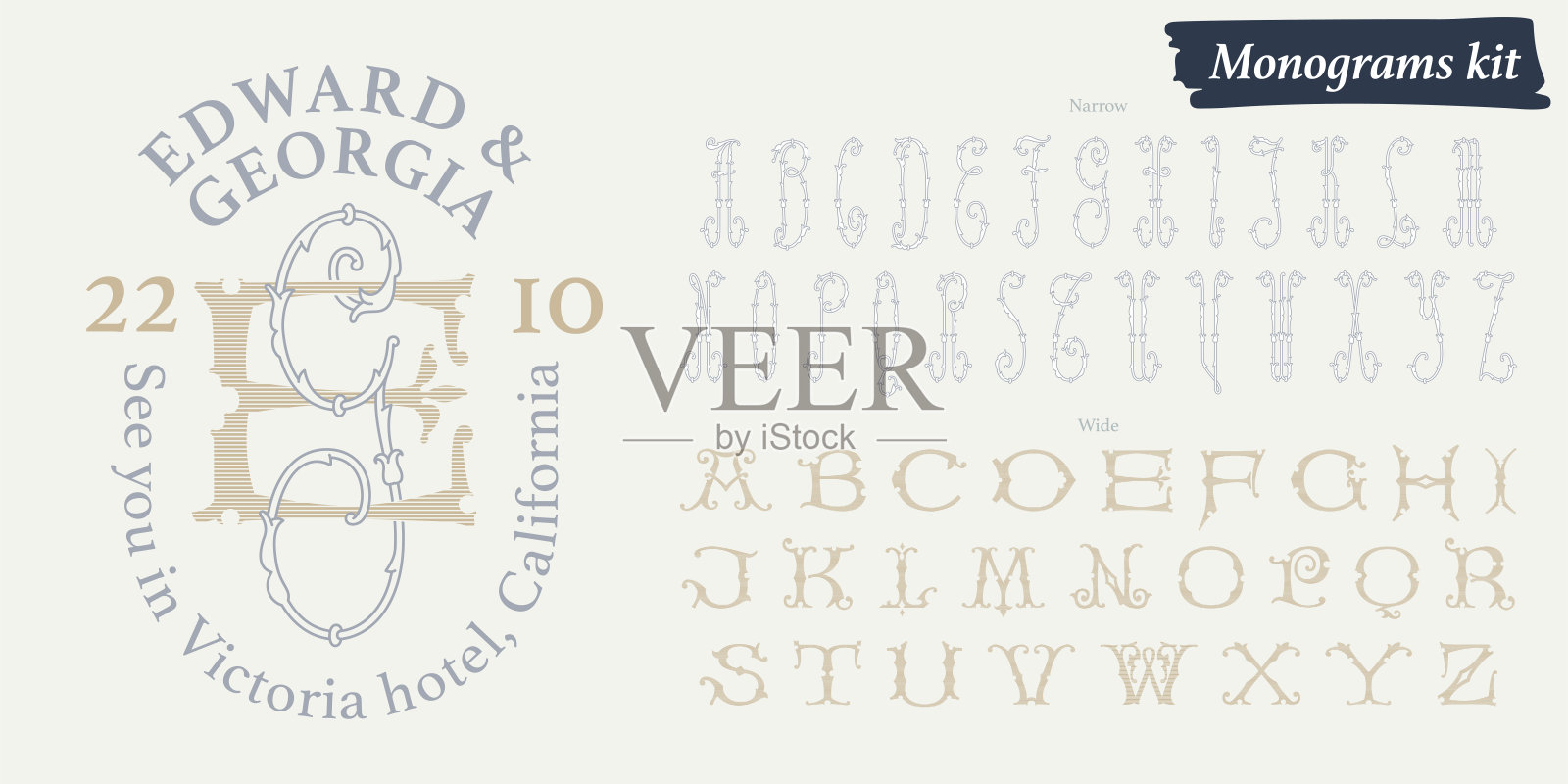 新娘和新郎名字的结婚字母组合。标志创作者字母工具包。宽大写和窄大写。插画图片素材