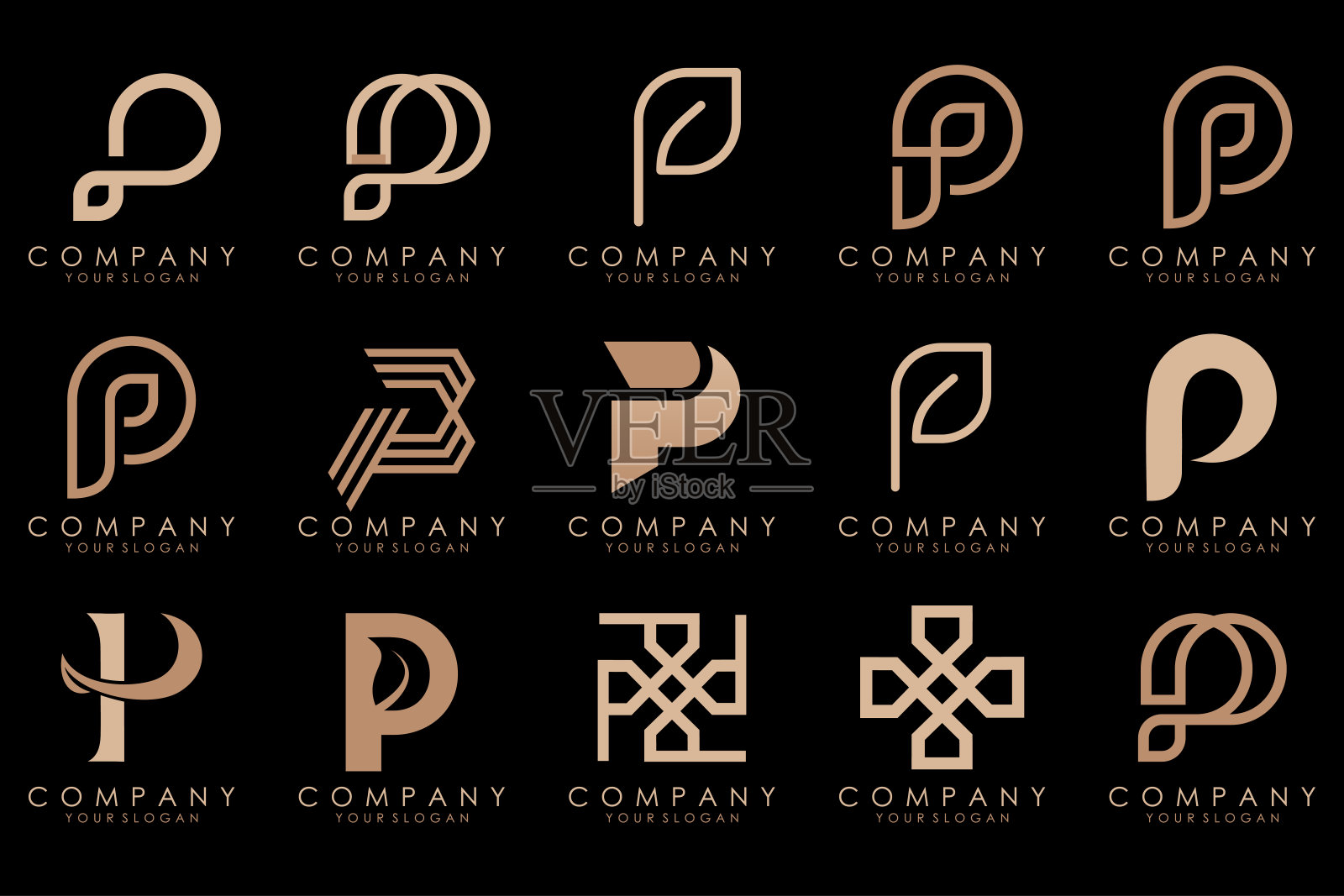 一套字母P标志设计。现代创意字母组合图标设计灵感。插画图片素材