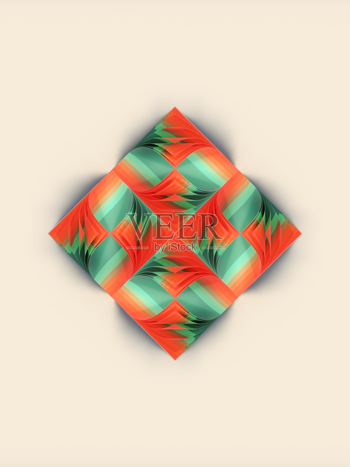 钻石形状的3d渲染模式，一个堆栈弯曲的板与彩色带跨越他们。数码插图照片摄影图片