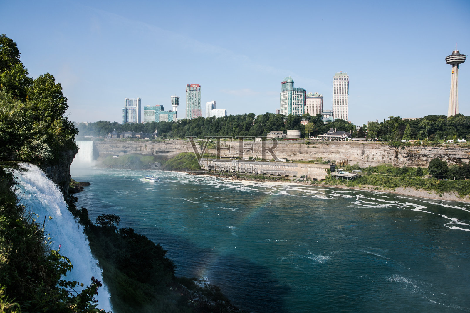 全景鸟瞰尼亚加拉瀑布，美国瀑布日落在尼亚加拉瀑布，安大略省，加拿大照片摄影图片