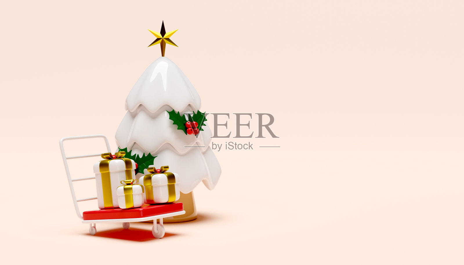 3d手推车与圣诞树，冬青浆果叶，礼盒。圣诞快乐，新年快乐，3d渲染插图照片摄影图片
