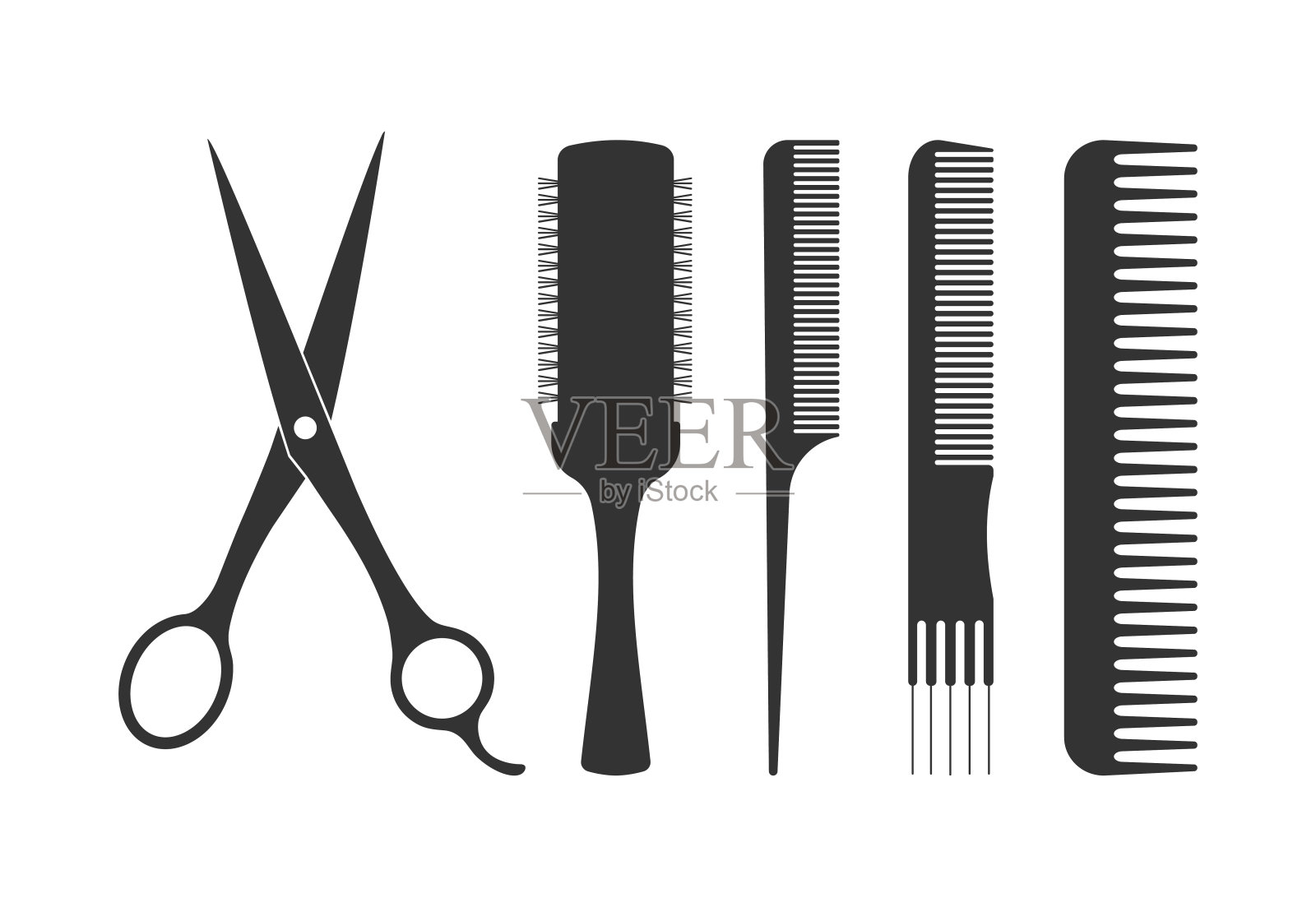 美发工具剪影集。理发和造型矢量平面元素。插画图片素材