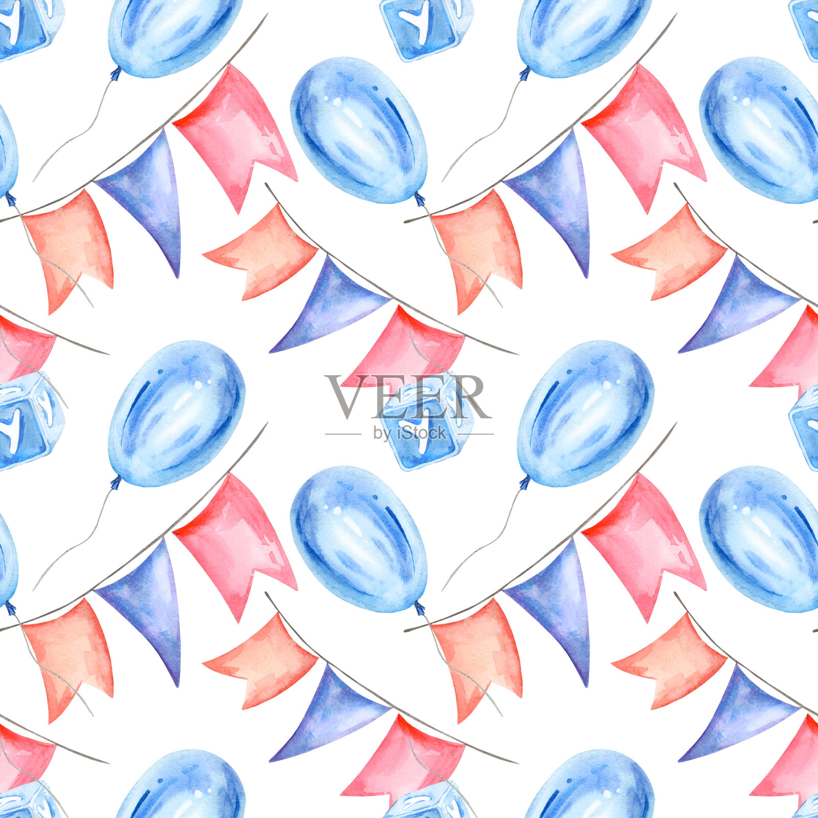 水彩无缝图案的儿童主题与不同的蓝色气球，蓝色立方体与字母，多色旗帜孤立在白色背景插画图片素材