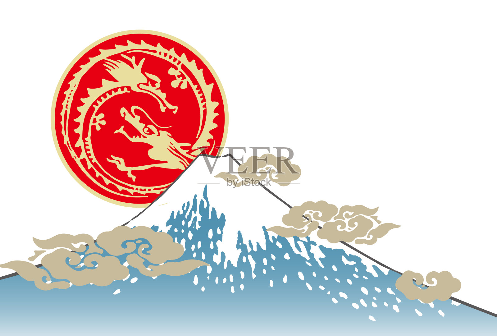 龙年贺年卡、金龙剪影、富士山、太阳(无文字)插画图片素材