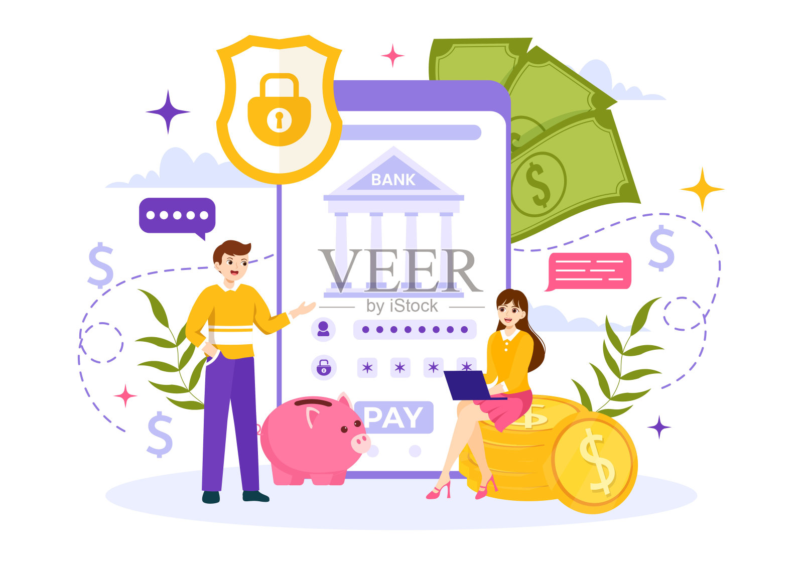 移动银行矢量插图与钱包应用程序支付从手机和无线现金交易通过信用卡和借记卡在平面背景插画图片素材