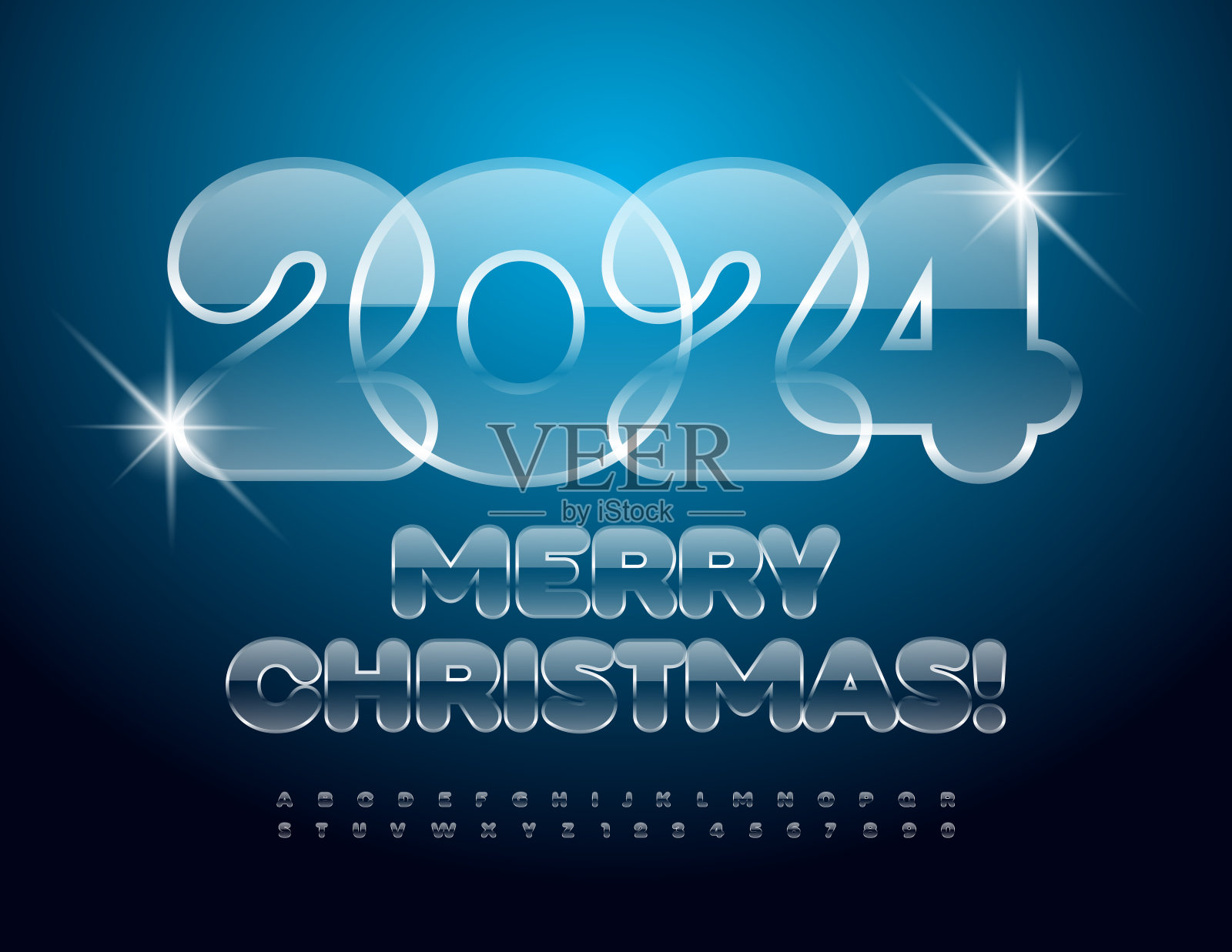 矢量玻璃贺卡2024年圣诞快乐!光滑的字母和数字字母表集插画图片素材
