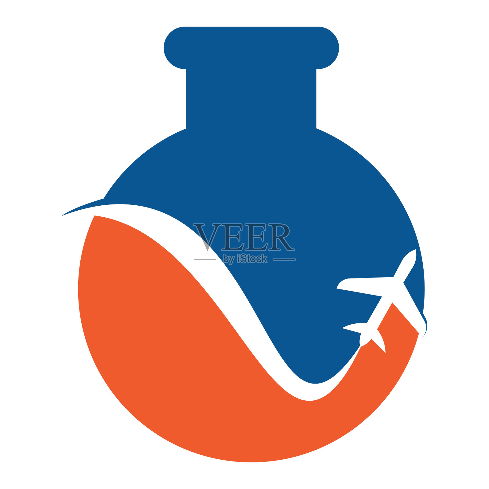 飞机和旅行实验室烧杯形状的概念标志。插画图片素材