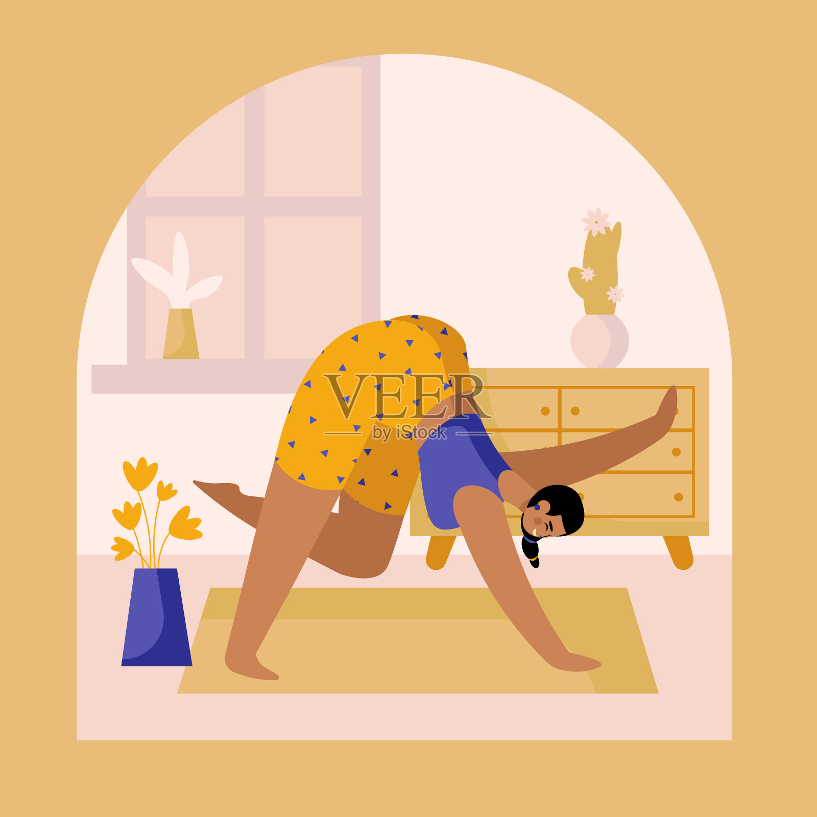 穿着运动服的卡通人物在家里进行不同的腿部和手臂锻炼插画图片素材