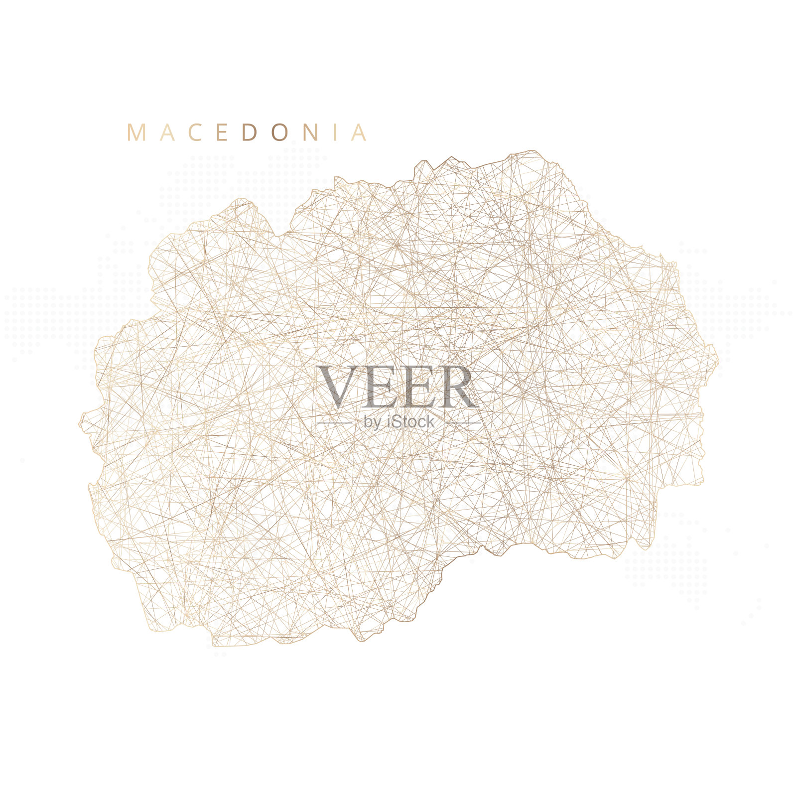 北马其顿的低多边形地图。金色多边形线框。闪闪发光的矢量与黄金粒子在白色的背景插画图片素材