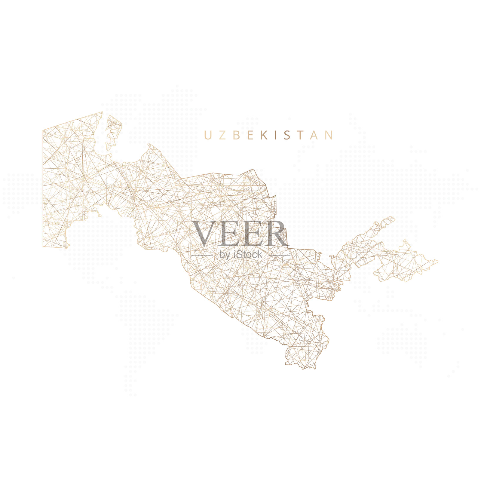 乌兹别克斯坦的低多边形地图。金色多边形线框。闪闪发光的矢量与黄金粒子在白色的背景插画图片素材