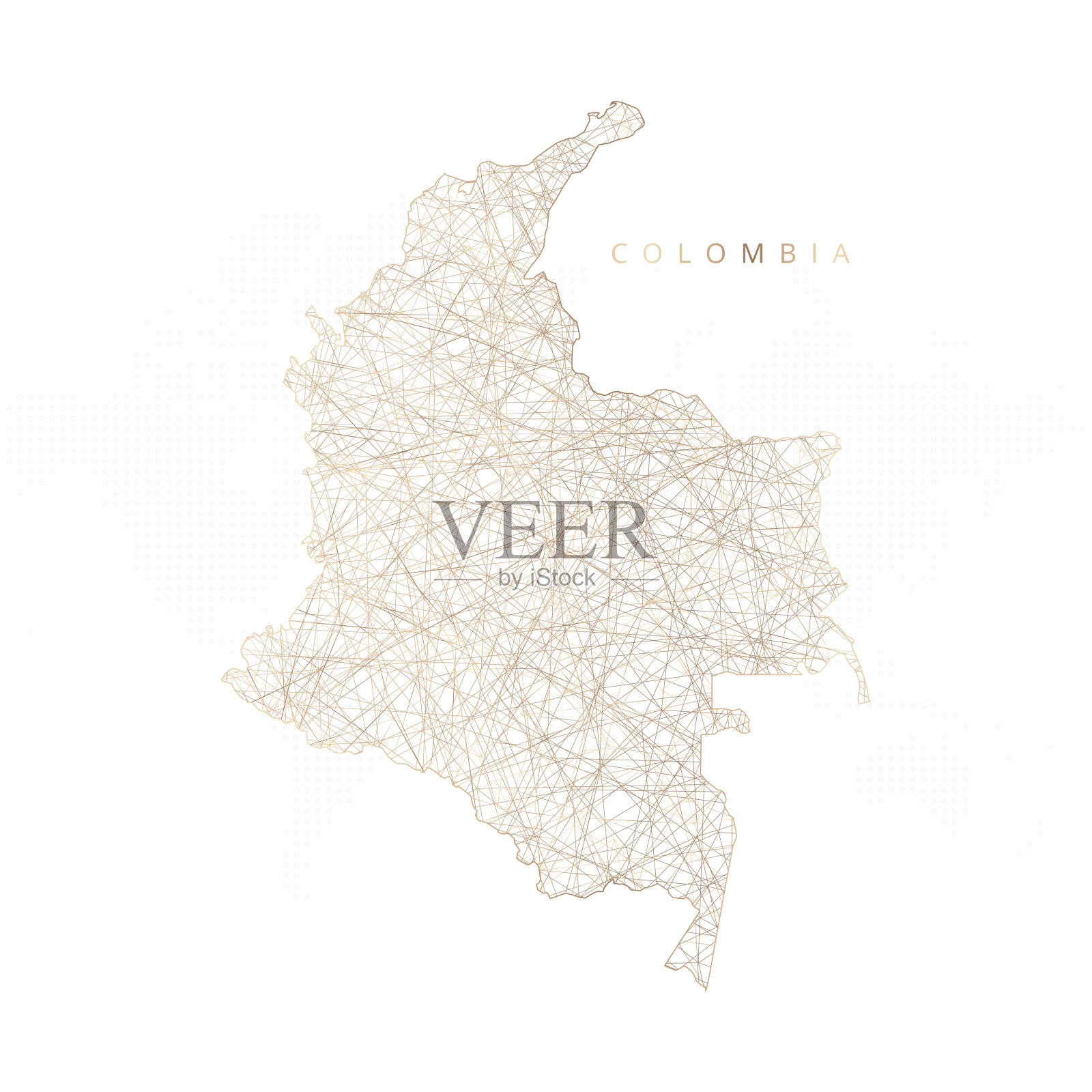 哥伦比亚的低多边形地图。金色多边形线框。闪闪发光的矢量与黄金粒子在白色的背景插画图片素材