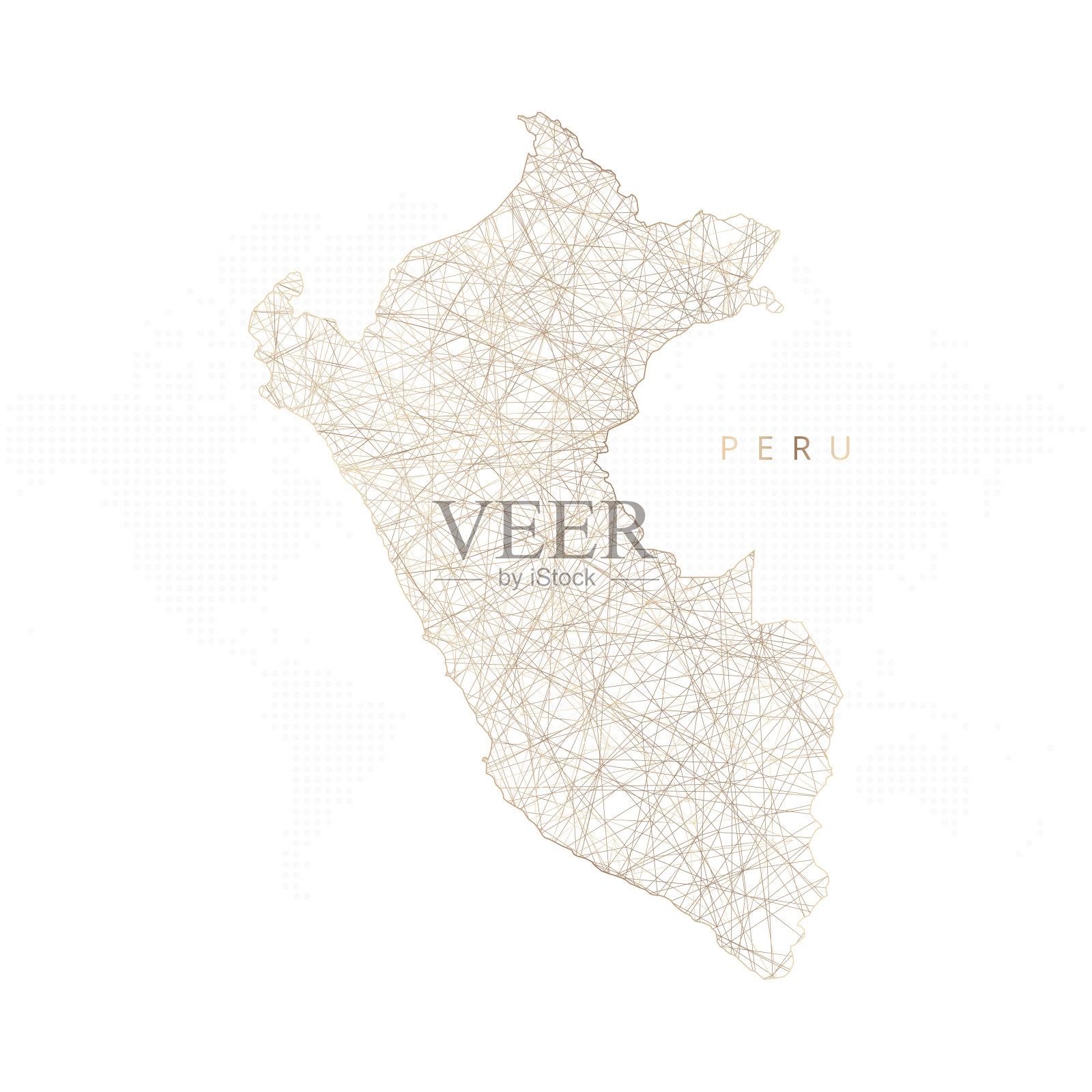 秘鲁的低多边形地图。金色多边形线框。闪闪发光的矢量与黄金粒子在白色的背景插画图片素材