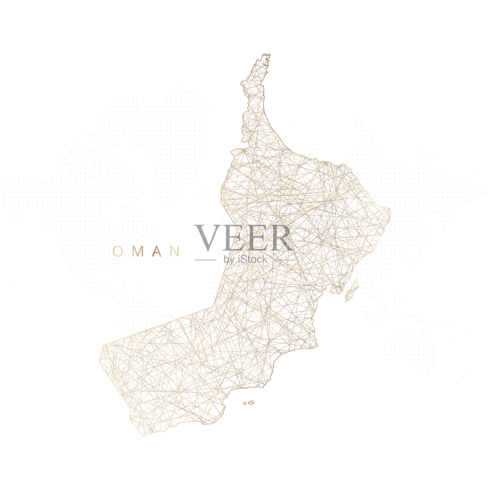 阿曼的低多边形地图。金色多边形线框。闪闪发光的矢量与黄金粒子在白色的背景插画图片素材