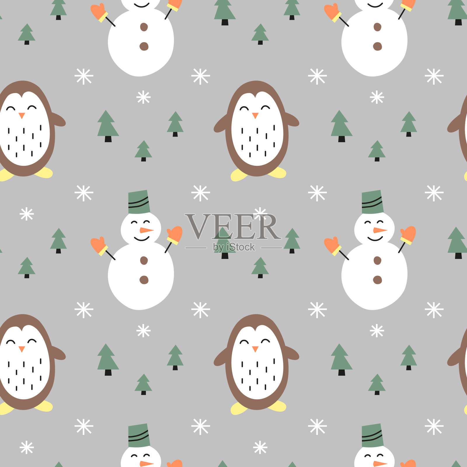 无缝图案与卡通雪人，冷杉树和企鹅。插画图片素材