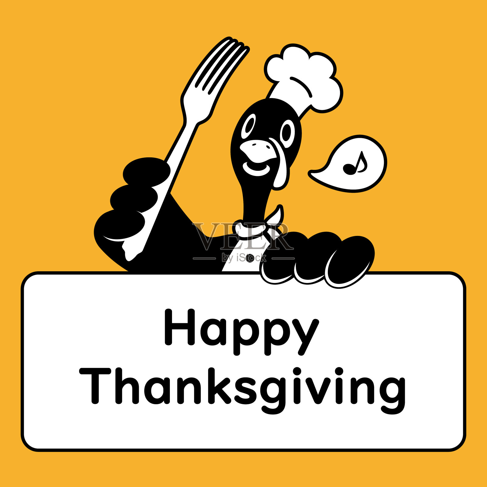 可爱的单色设计，火鸡厨师拿着叉子和感恩节的问候标志插画图片素材