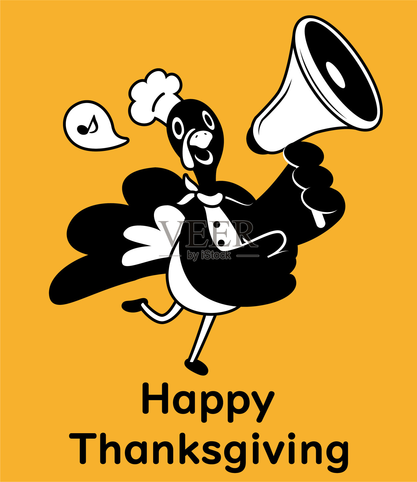 感恩节一只跳舞并拿着扩音器的火鸡厨师的可爱单色设计插画图片素材