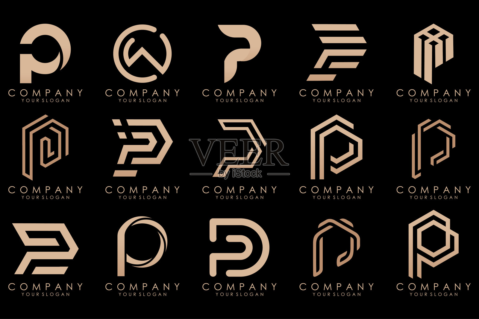 一套字母P标志设计。现代创意字母组合图标设计灵感。插画图片素材