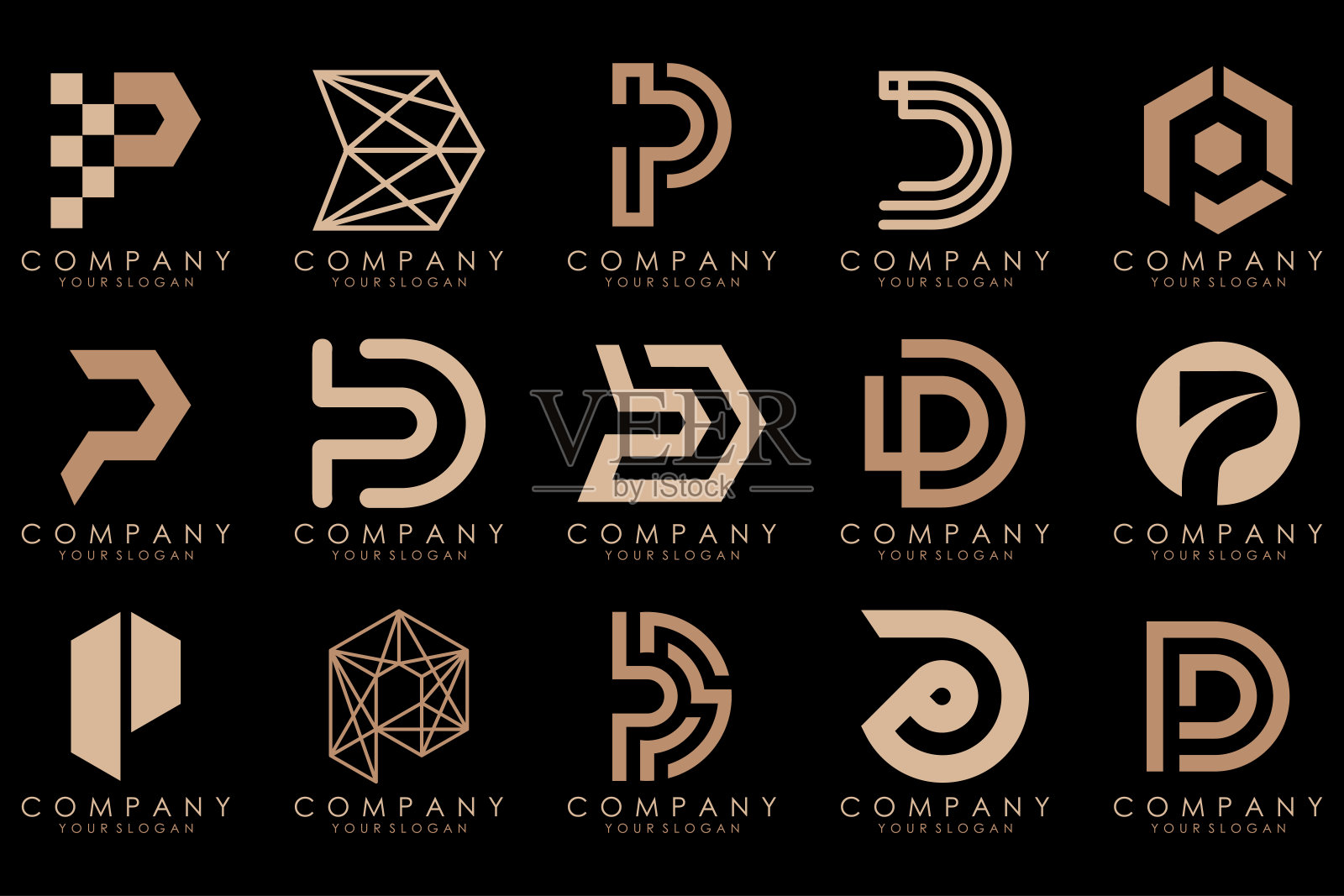 一套字母P标志设计。现代创意字母组合图标设计灵感。插画图片素材