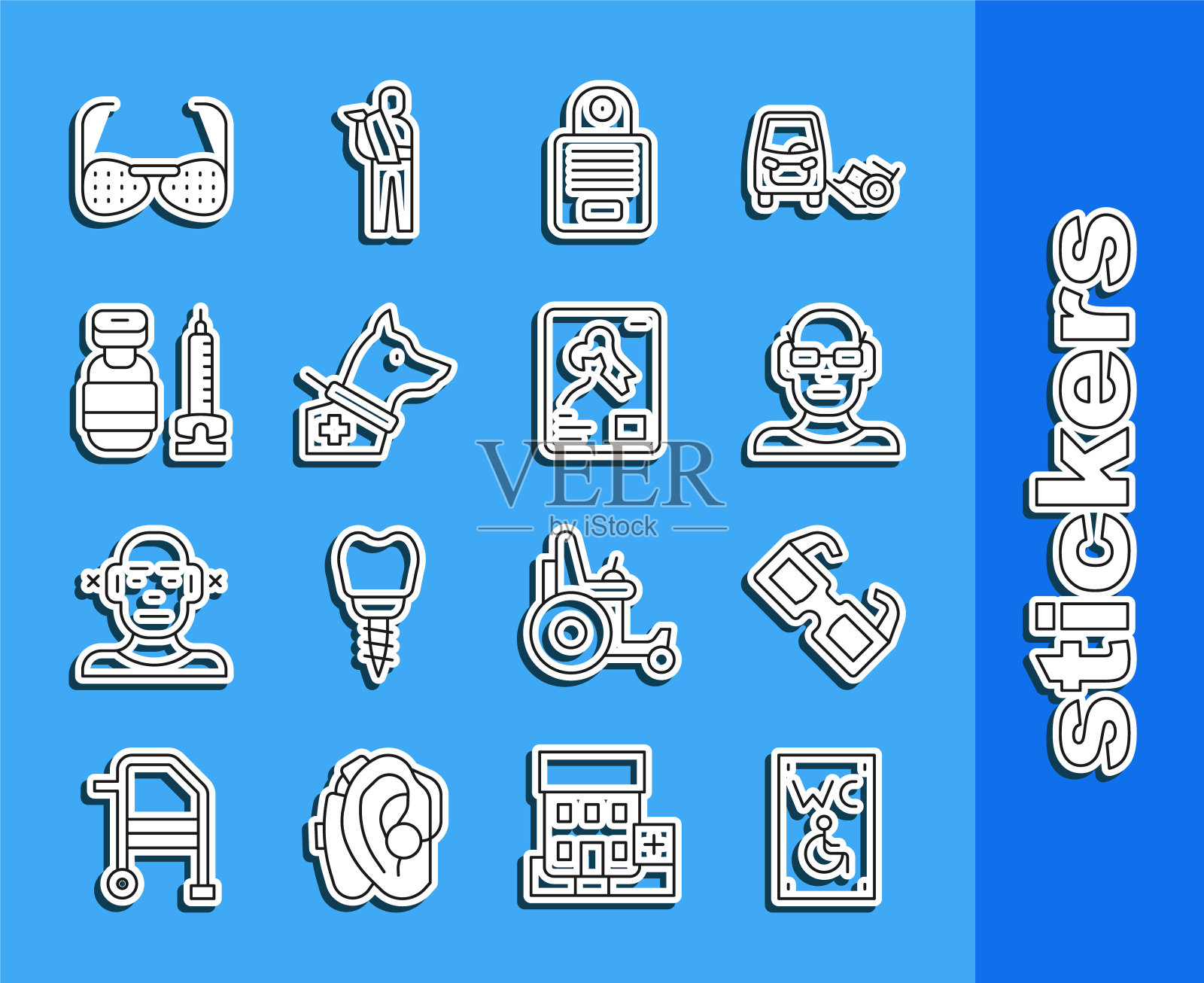 设有残疾人专用厕所，眼镜，视力不佳，对讲机，导盲犬，注射器，盲人和x光镜头图标。向量插画图片素材