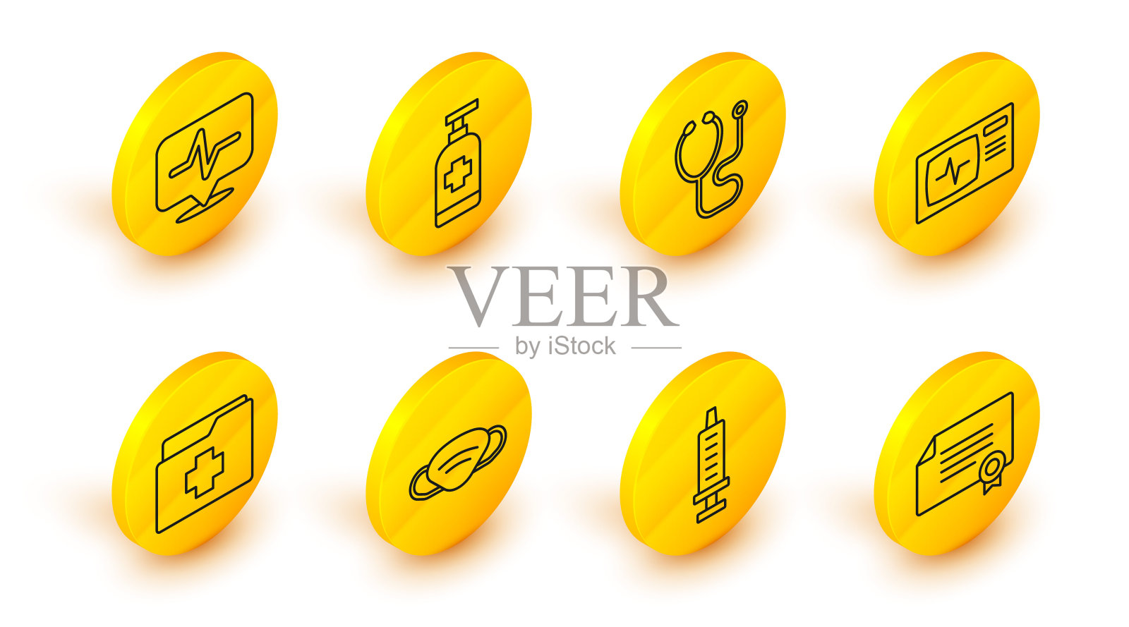 设置线证书模板，注射器，医用防护口罩，患者记录，监护心电图，听诊器，抗菌肥皂和心率图标。向量插画图片素材