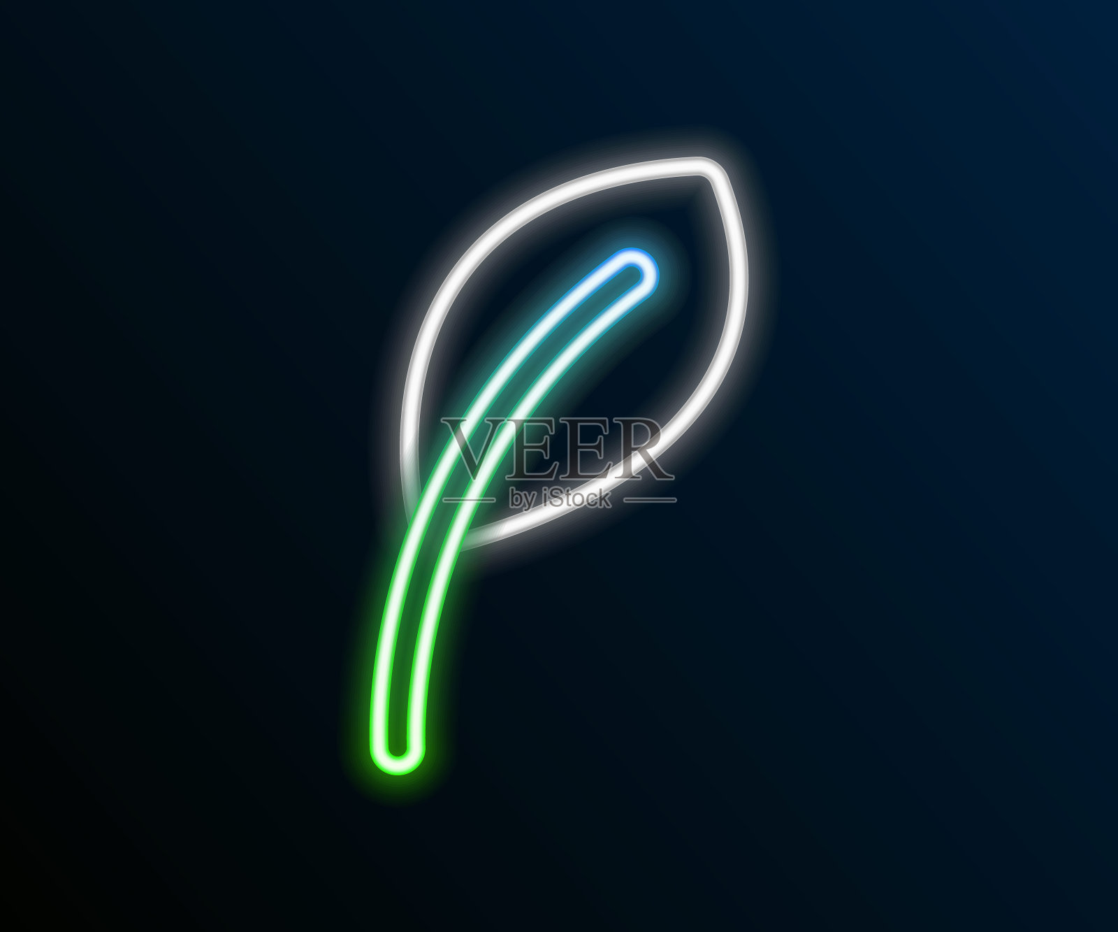 发光的霓虹灯线叶子图标孤立的黑色背景。叶子的迹象。产品标志新鲜天然。色彩缤纷的轮廓概念。向量插画图片素材