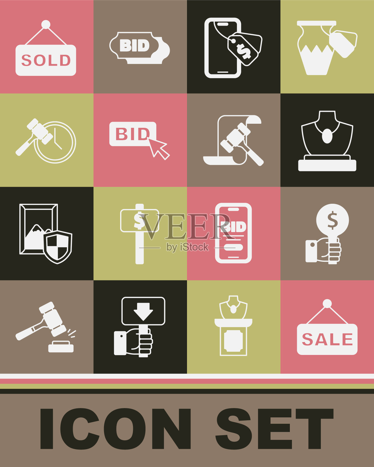 设置价格标签与销售，手持拍卖桨，拍卖珠宝销售，在线，出价，锤子，出售和图标。向量插画图片素材