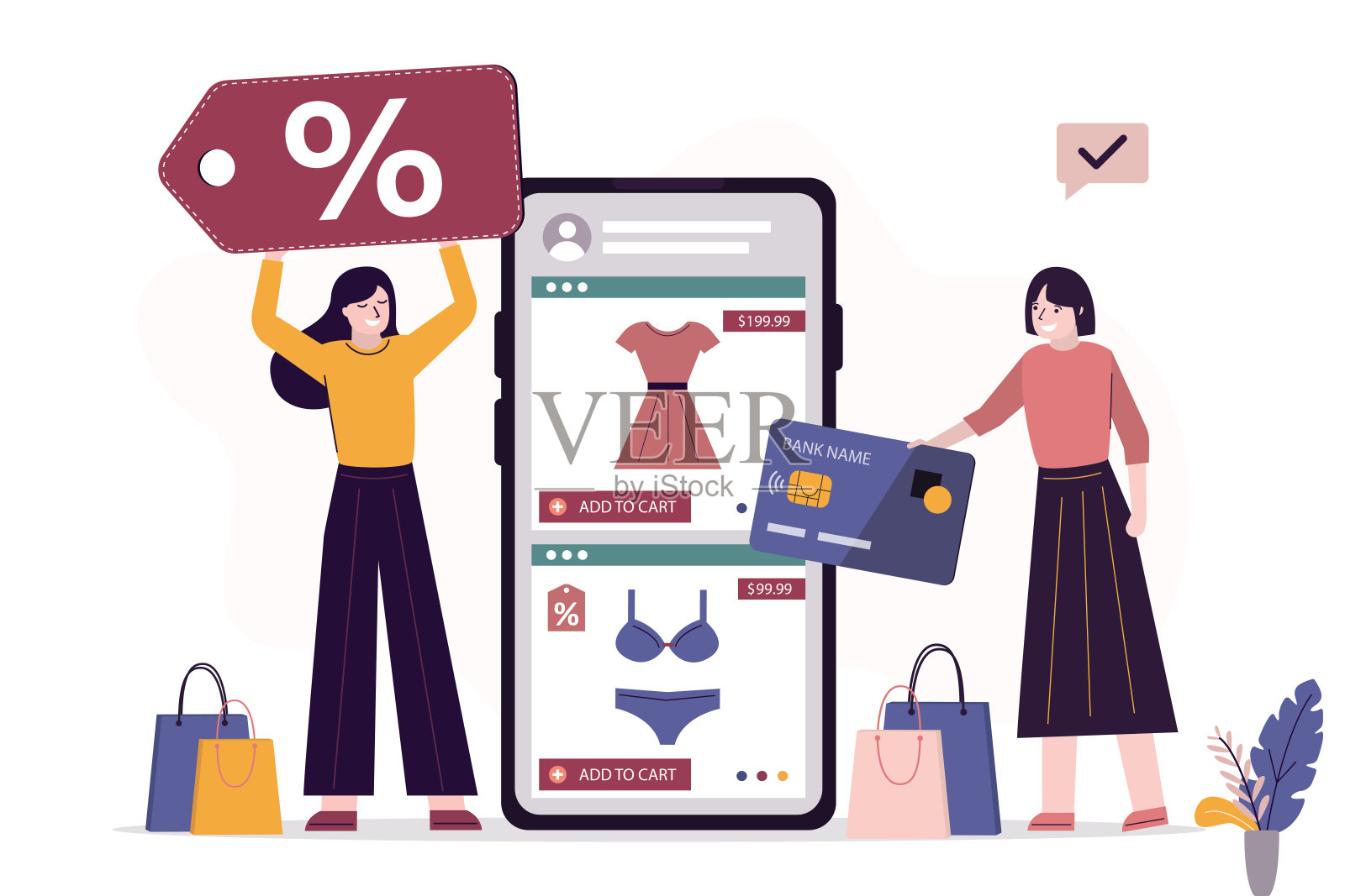 企业主在网上举办折扣标签、促销活动。在线商店的移动应用，女性消费者用信用卡下单付款。插画图片素材