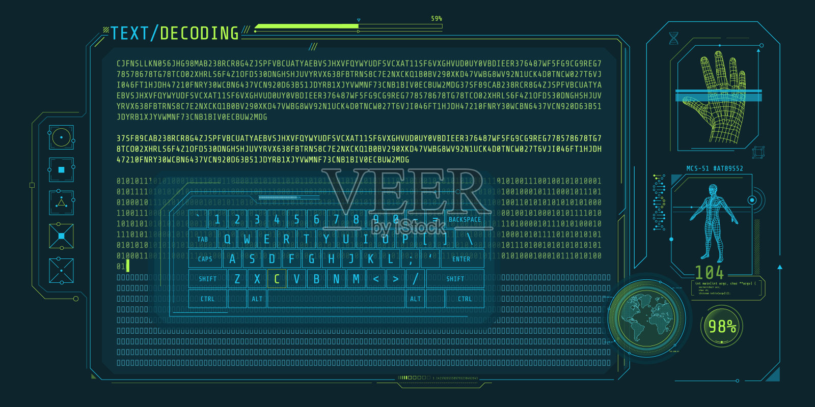 数据输入和文本解码在未来的界面屏幕。插画图片素材