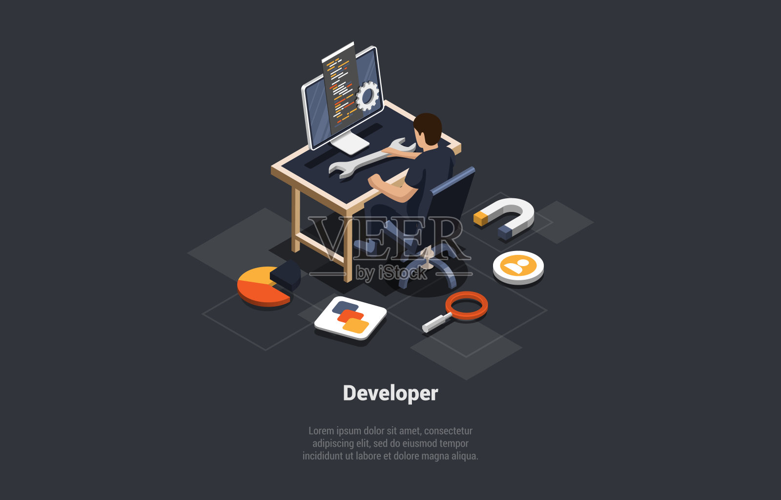 软件开发编码过程。在电脑前工作的程序员或网络开发人员。屏幕与代码，脚本和打开的窗口。工作场所的编程工程师。等距三维矢量插图插画图片素材