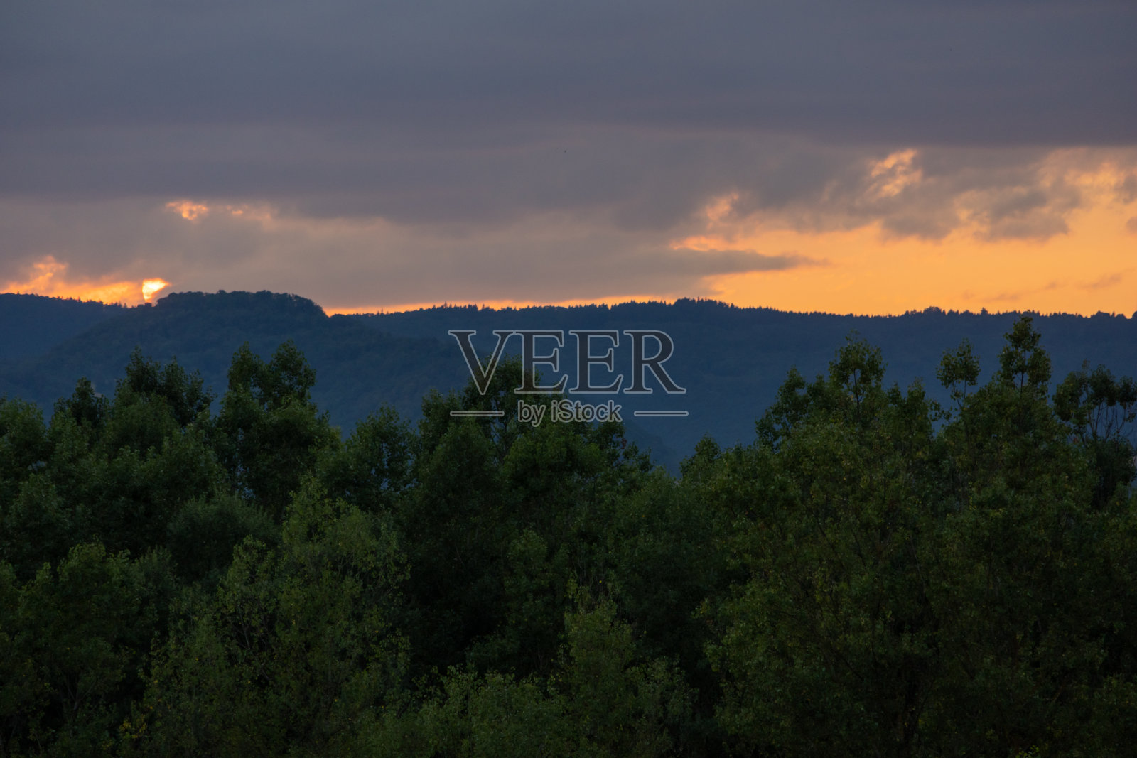 夕阳的天空照耀在森林的山丘上照片摄影图片
