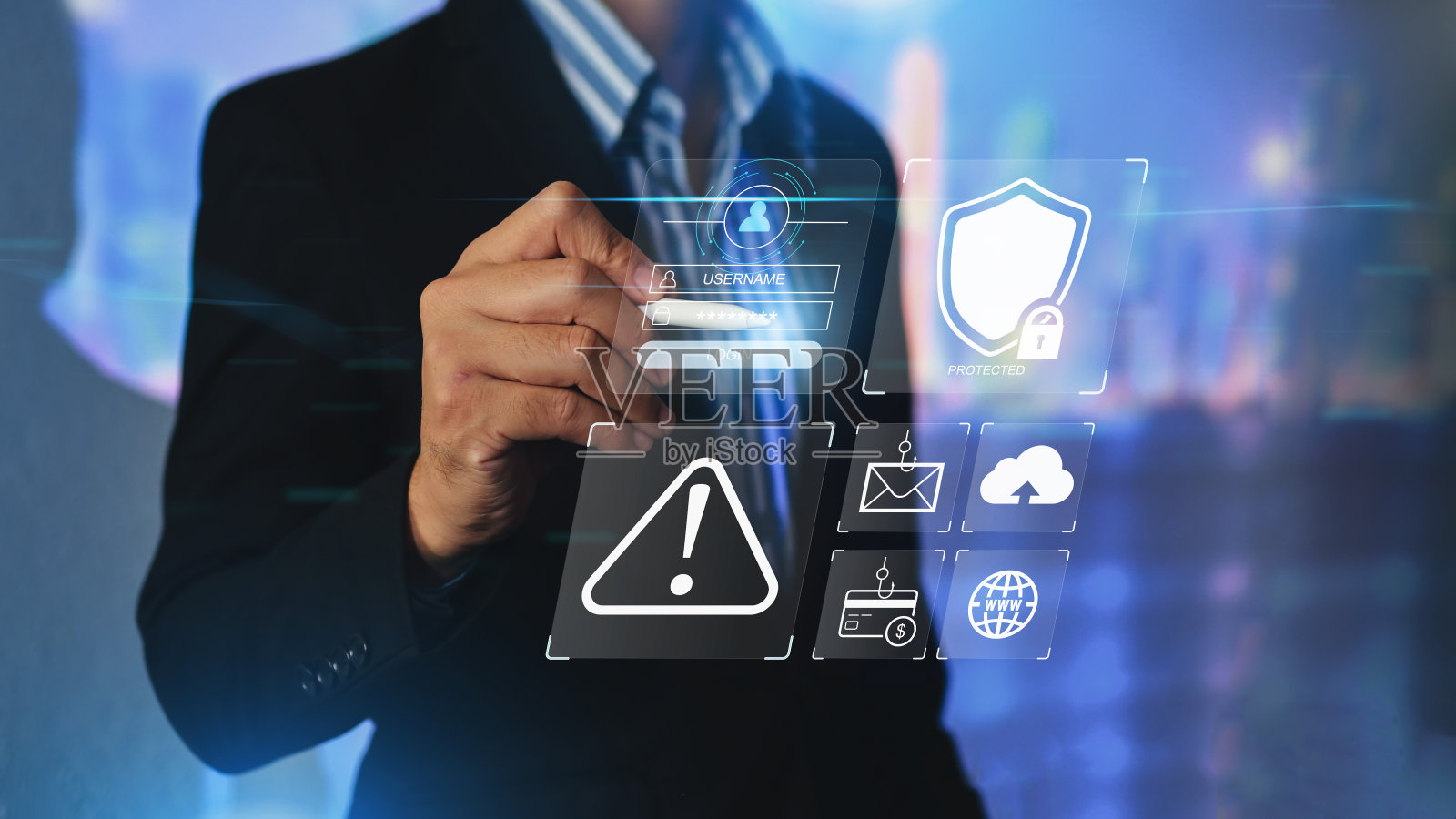 网络犯罪和网络安全的概念。手用VR屏幕显示保护钓鱼邮件、黑客密码和个人数据免受黑客带有病毒木马的攻击。加密间谍软件和恶意软件。照片摄影图片