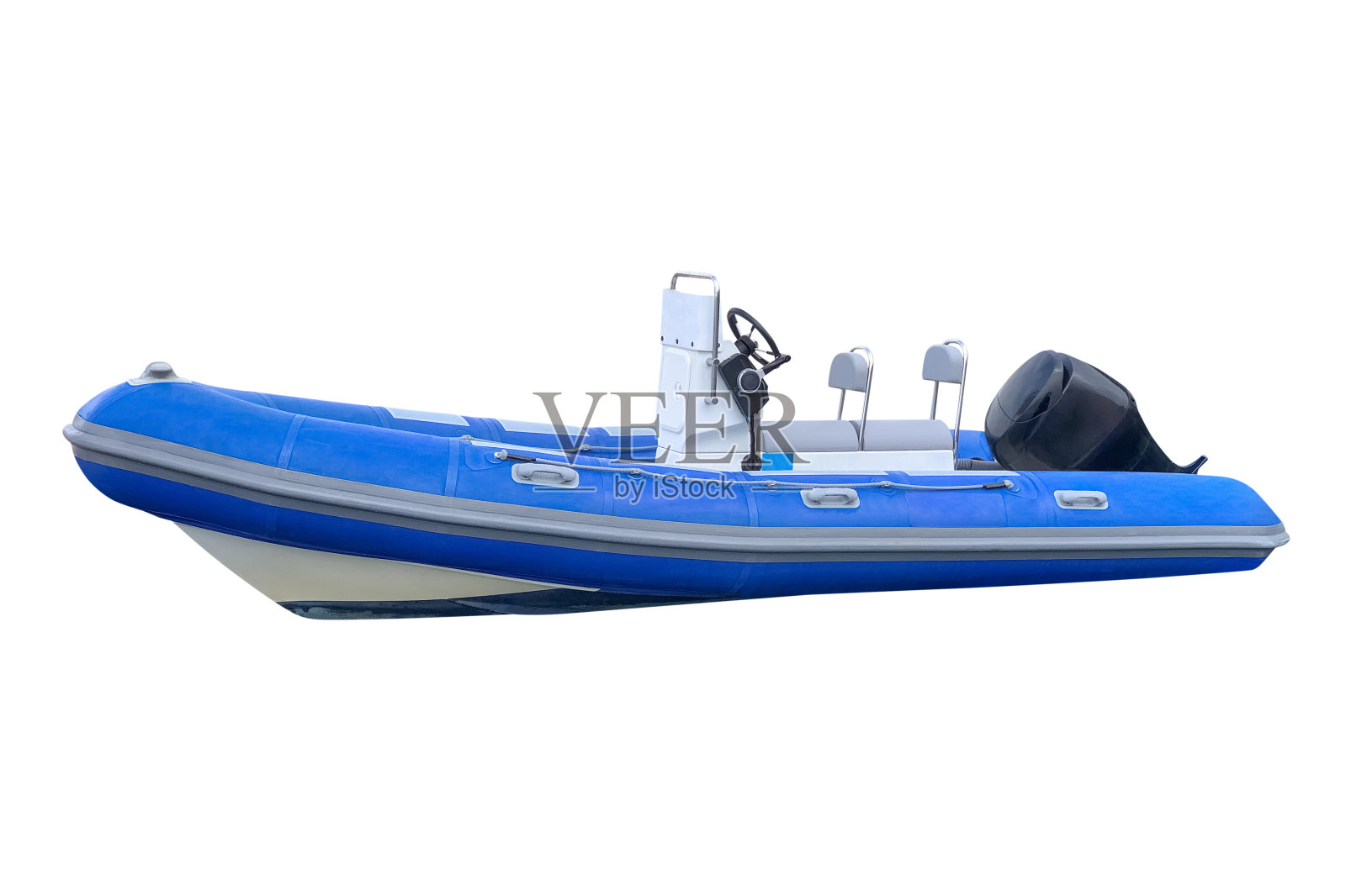 白色背景上孤立的蓝色充气摩托艇照片摄影图片