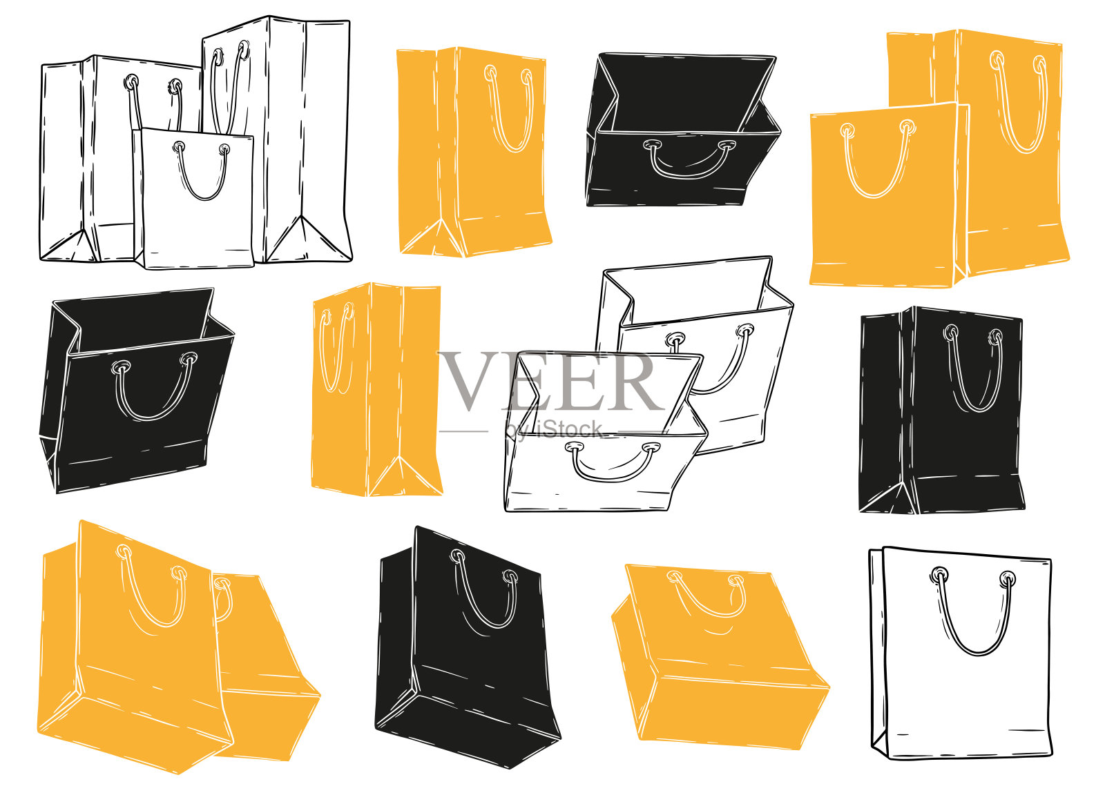 矢量购物手绘袋廓形集孤立的白色插画图片素材