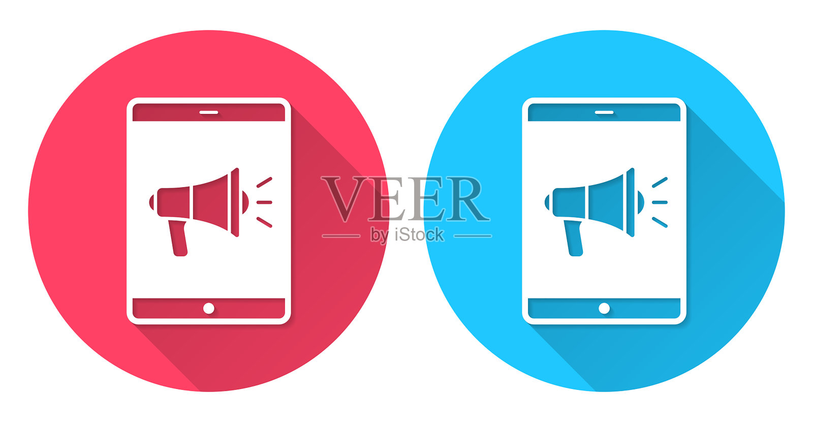 带扩音器的平板电脑。圆形图标与长阴影在红色或蓝色的背景插画图片素材