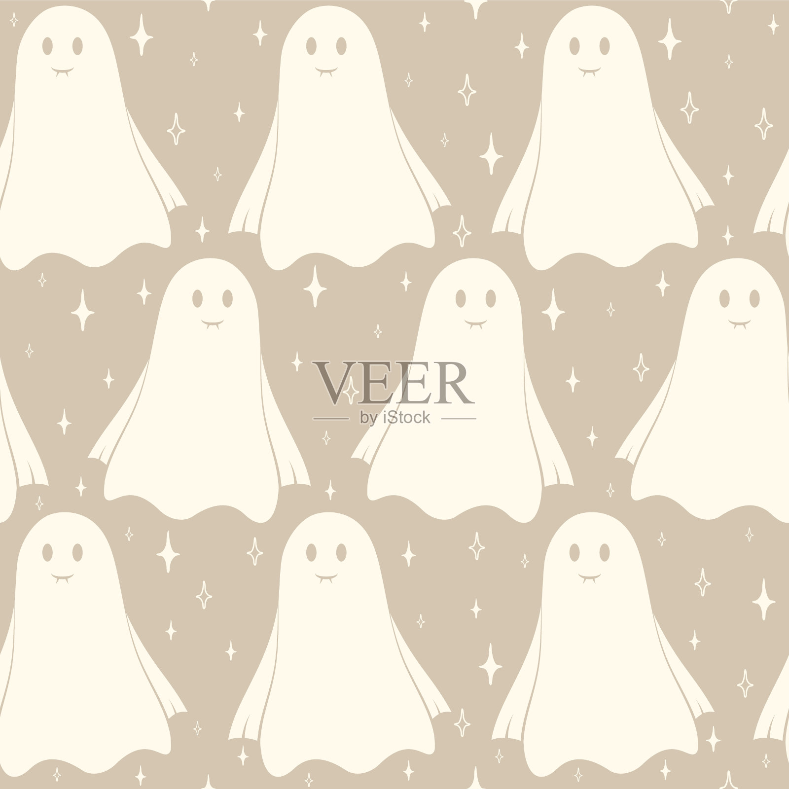 涂鸦可爱的飞行鬼万圣节米色无缝图案。背景与简单的幽灵人物插画图片素材
