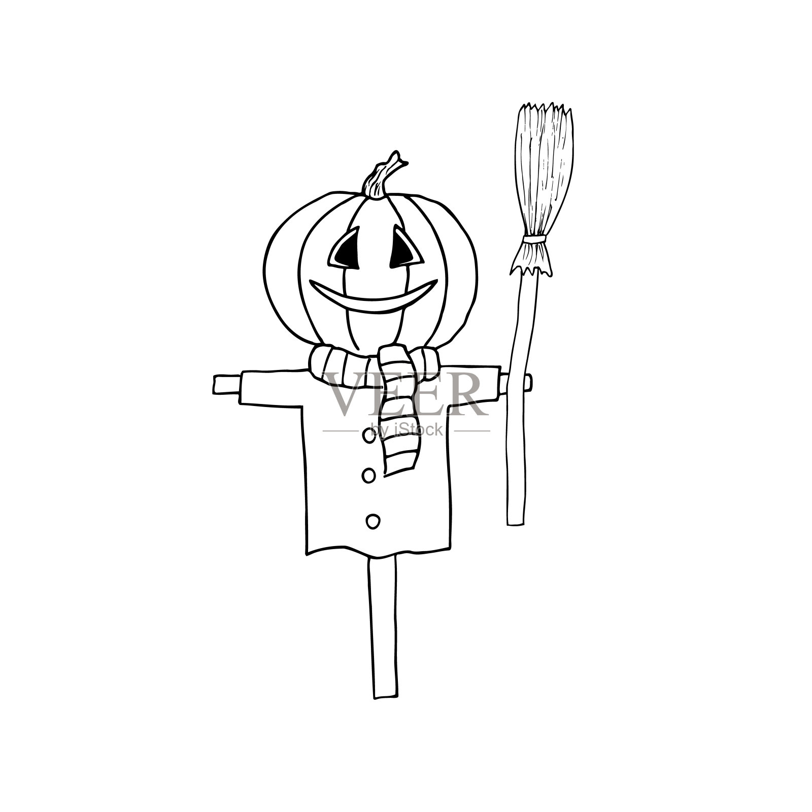 手持扫帚的手绘万圣节稻草人。矢量插图。用于着色，卡片，印刷，包装，邀请函，名片，广告插画图片素材