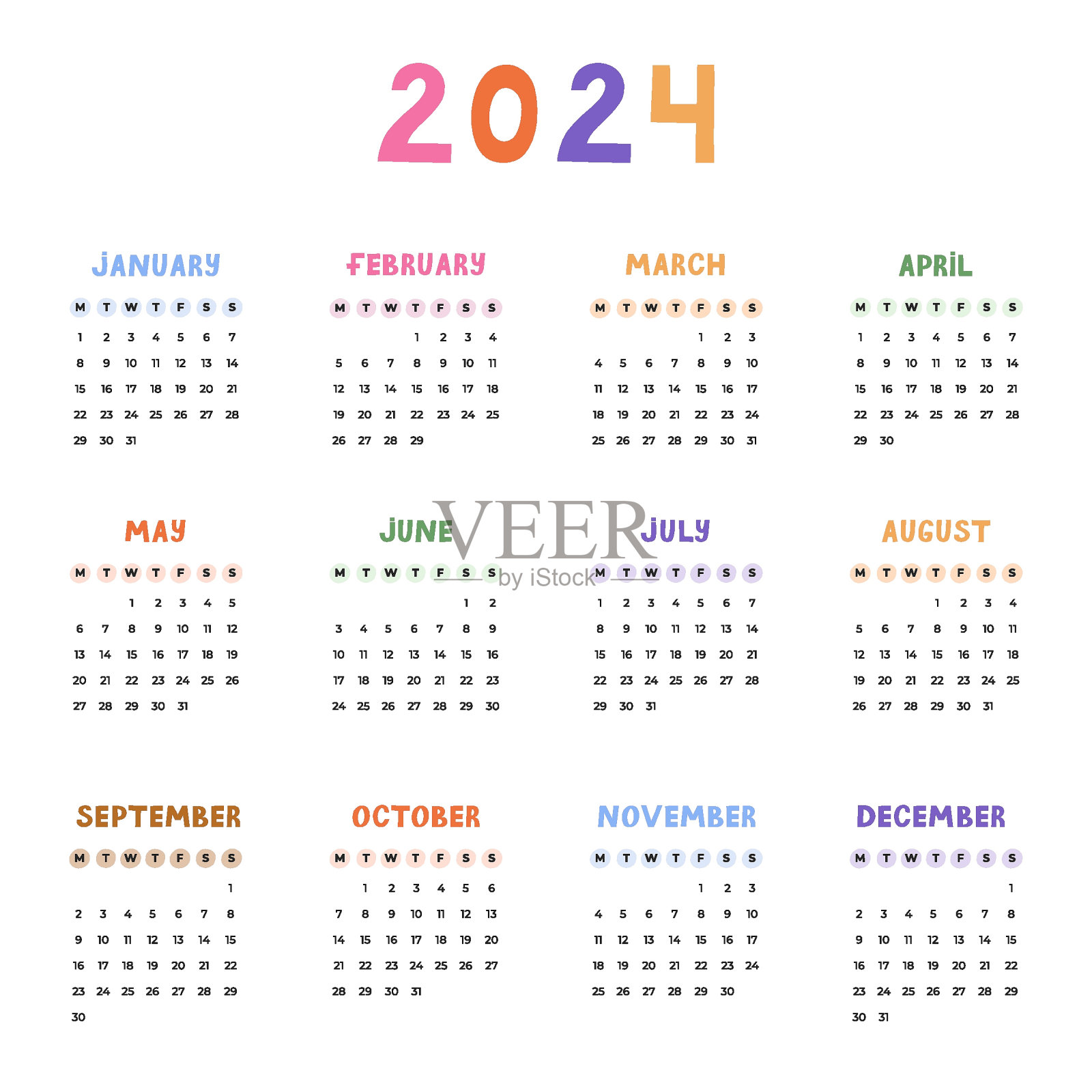 可爱的2024年最小日历模板，周从周一开始。日历网格与时髦的字体为儿童托儿所，企业办公室，文具。垂直月历布局规划插画图片素材