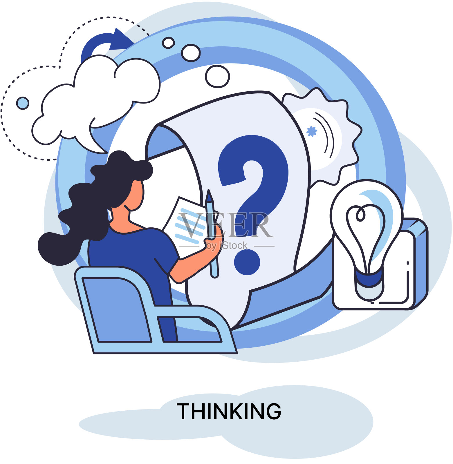 解决问题的概念，人的疑惑或思考，计划或思考，带有问号插画图片素材