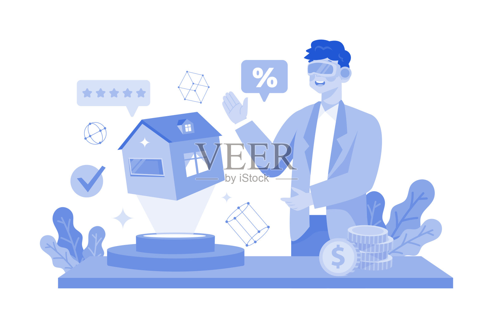 男子使用VR技术在线租房插画图片素材