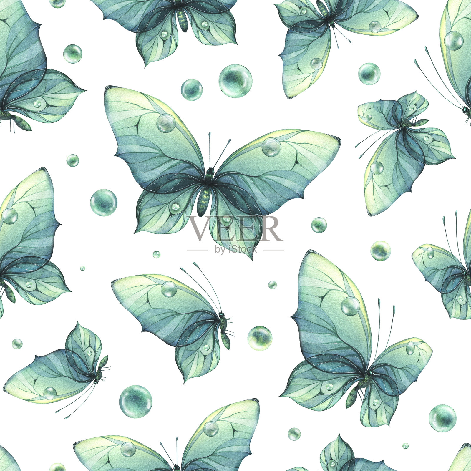 精致的蓝绿色和蓝色蝴蝶带着气泡，轻盈，美丽。手绘水彩插图。用于织物、纺织品、墙纸、包装等白色背景的无缝图案插画图片素材