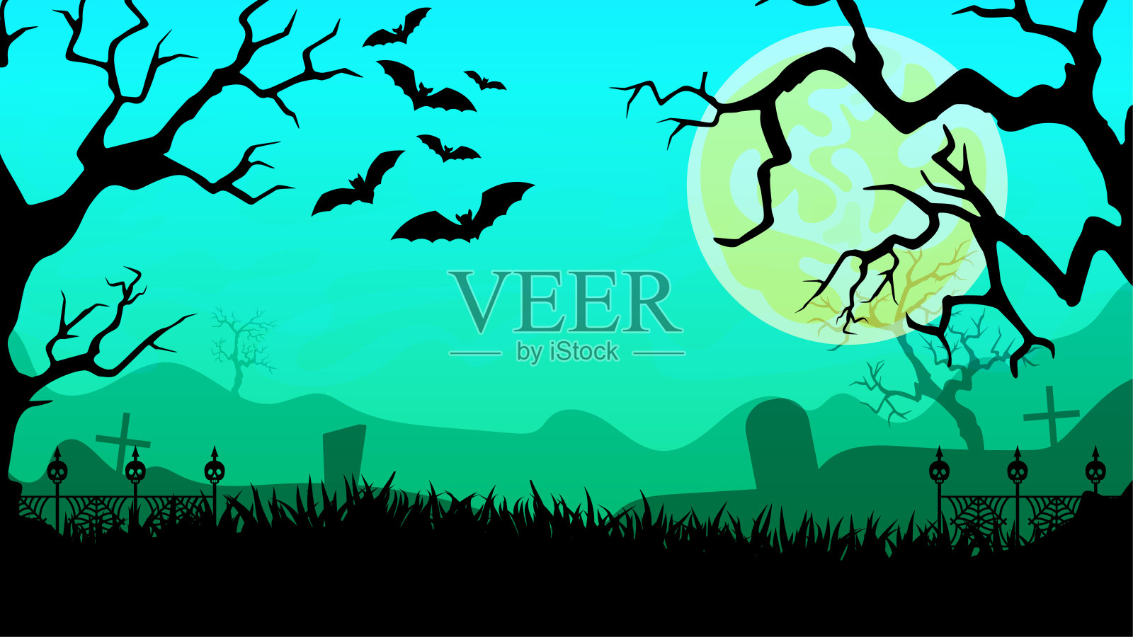 阴森不祥的万圣节景象。深红色的夕阳。插画图片素材