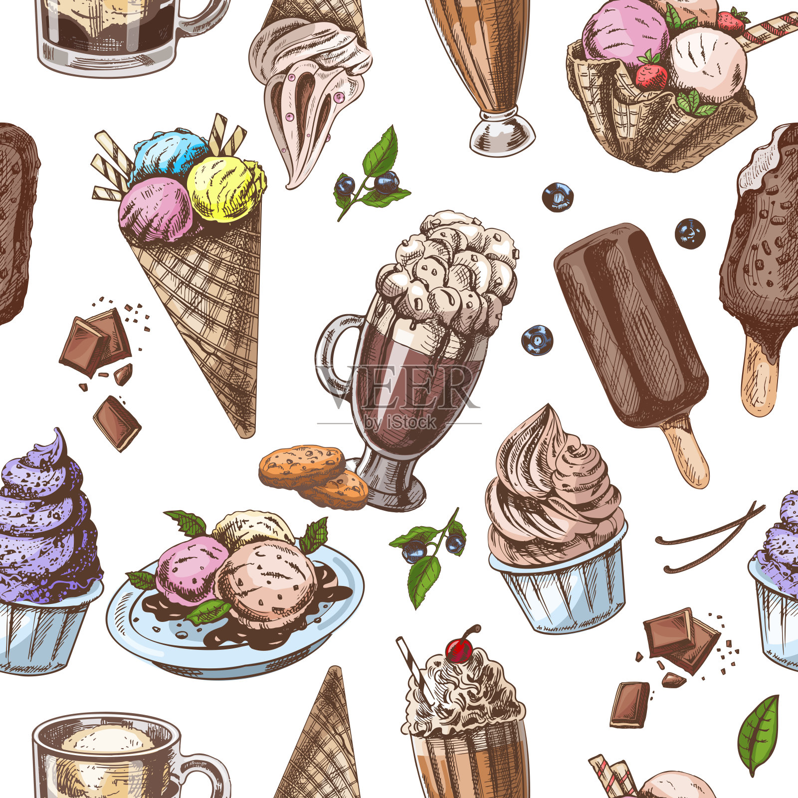 矢量复古无缝图案的不同类型的冰淇淋和甜食。甜点的手绘彩色插图。伟大的菜单，海报或餐厅背景。插画图片素材
