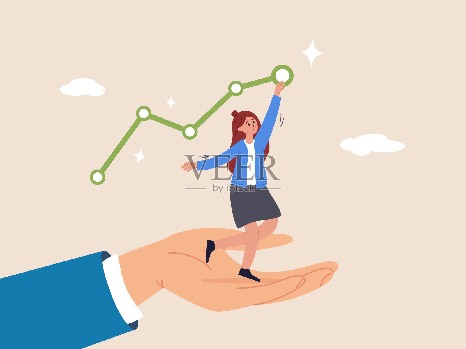 解决方案的概念。帮助支持商业成功，成长或达到目标，职业发展或改善，协助或建议，帮助女商人达到成功的成长图表。插画图片素材