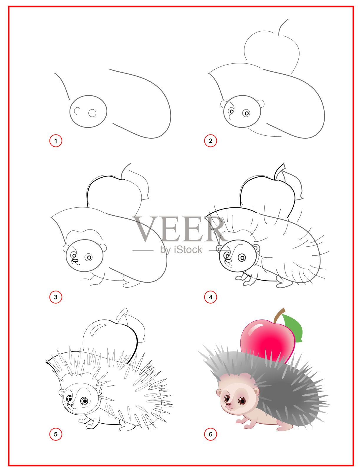 如何用苹果画可爱的小刺猬。儿童教育页面。创作一步一步的动物插图。可打印的儿童练习本工作表。在线教育插画图片素材