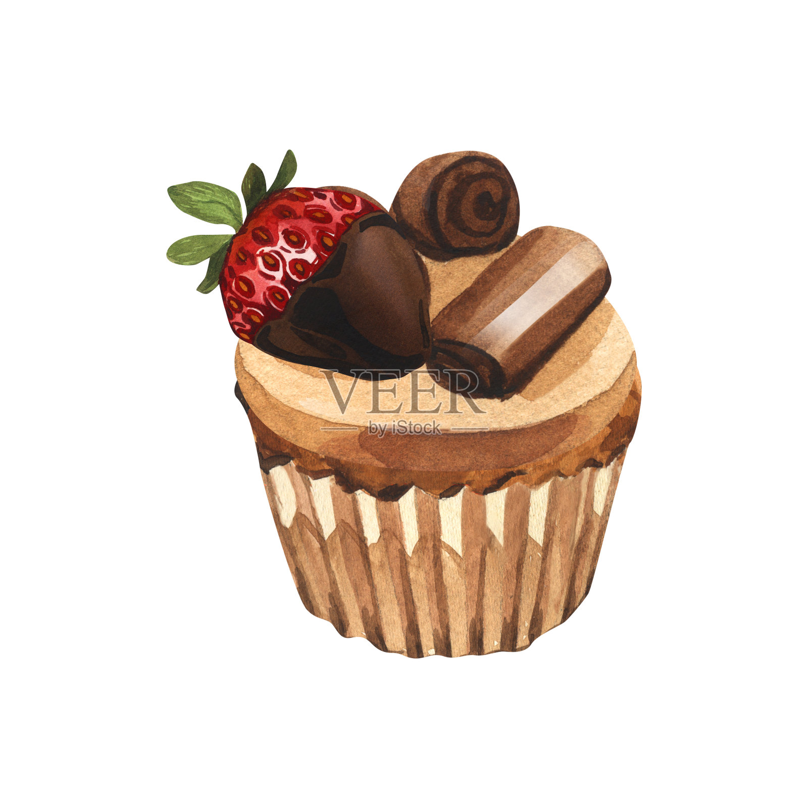 水彩甜点纸杯蛋糕，草莓奶油和饼干，蜡衬里的松饼。手绘插图孤立在白色背景。完善食品菜单、食品绘图、设计包装、印刷。插画图片素材