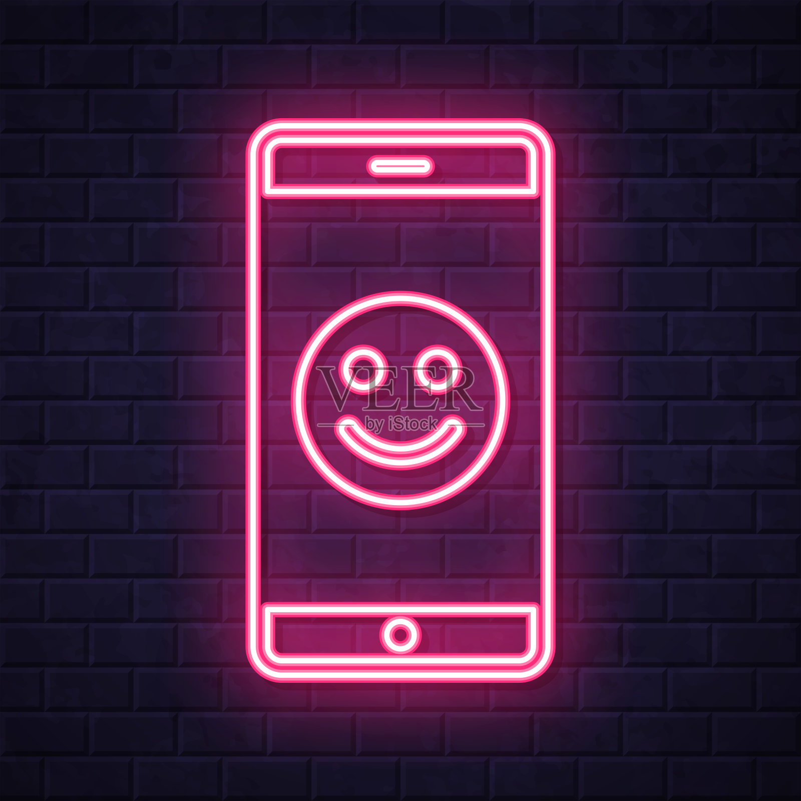 有快乐表情的智能手机。在砖墙背景上发光的霓虹灯图标插画图片素材