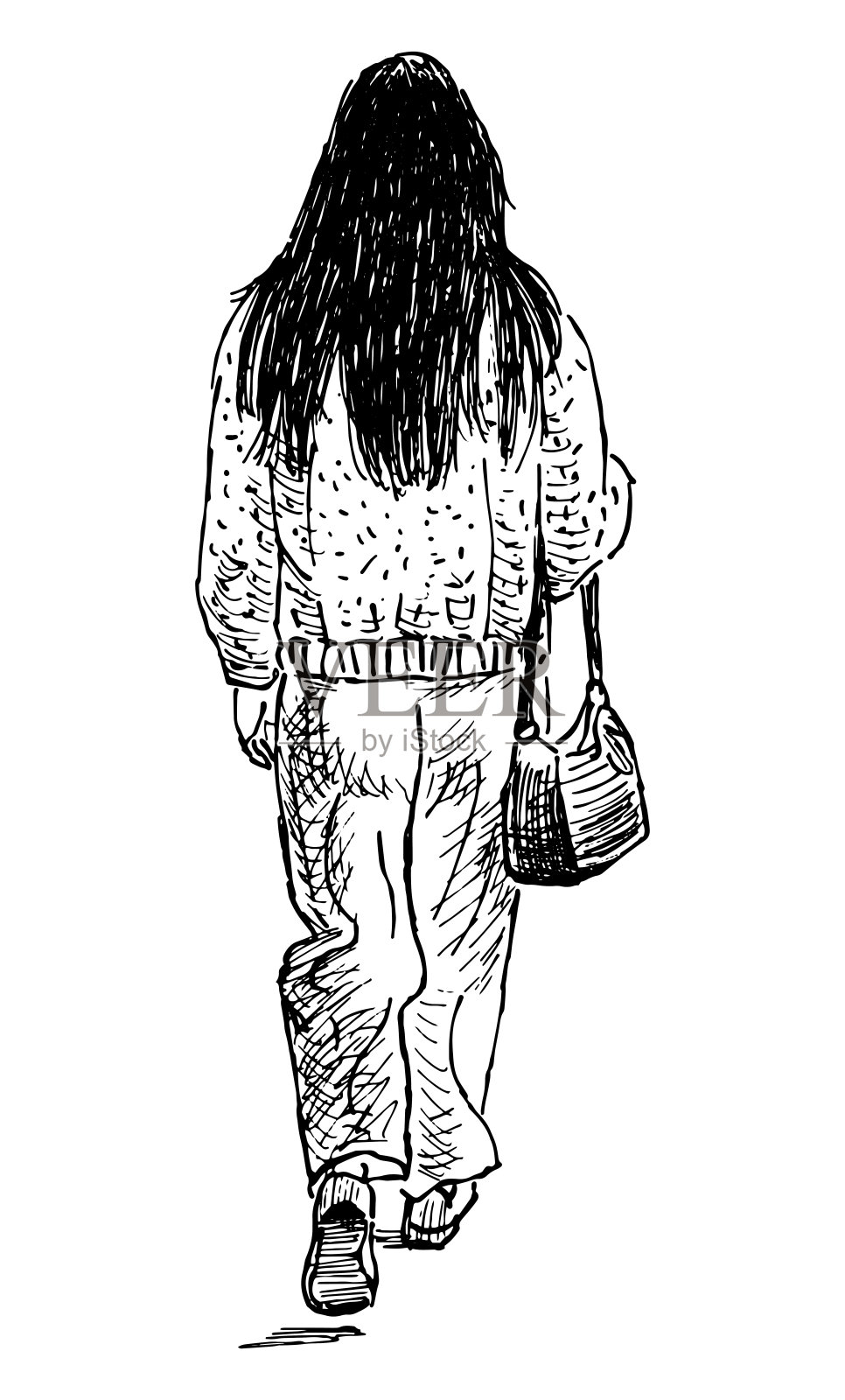 随意的现代都市女孩走在街上的素描插画图片素材